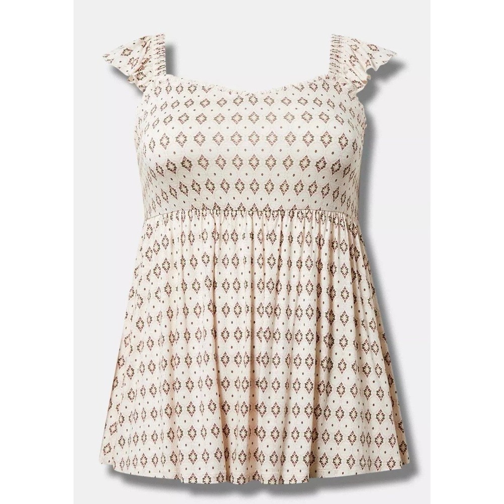 Torrid Babydoll Super Soft Slub Ruffle Shoulder Tank Peplum 1X Cream Geometric - Picture 2 of 10
